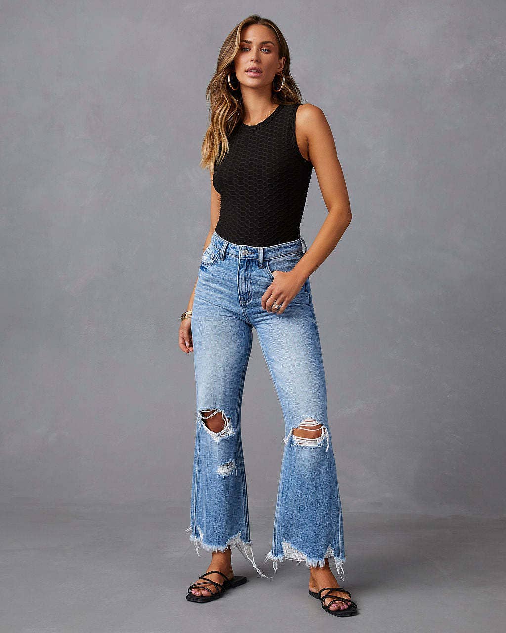 Modest Barbie High-Waisted Distressed Denim Wide Leg Pants