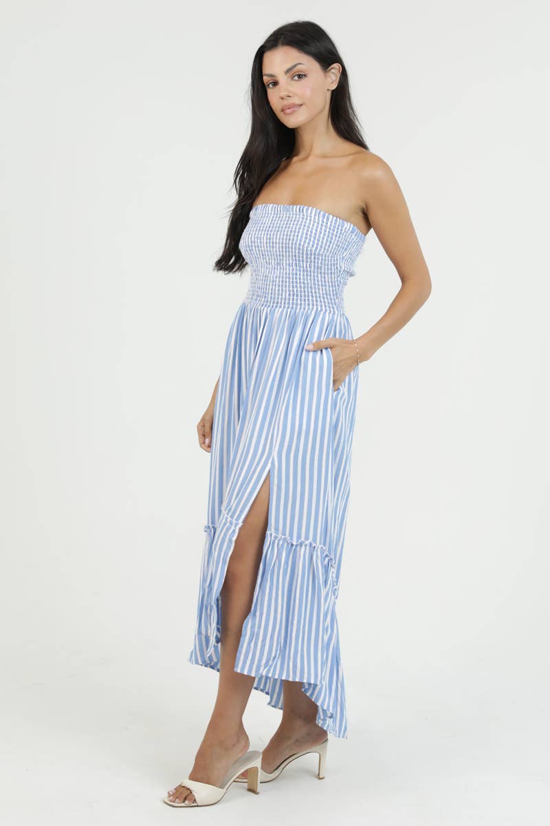 ANGIE STRIPED SMOCKED BODICE STRAPLESS MAXI DRESS