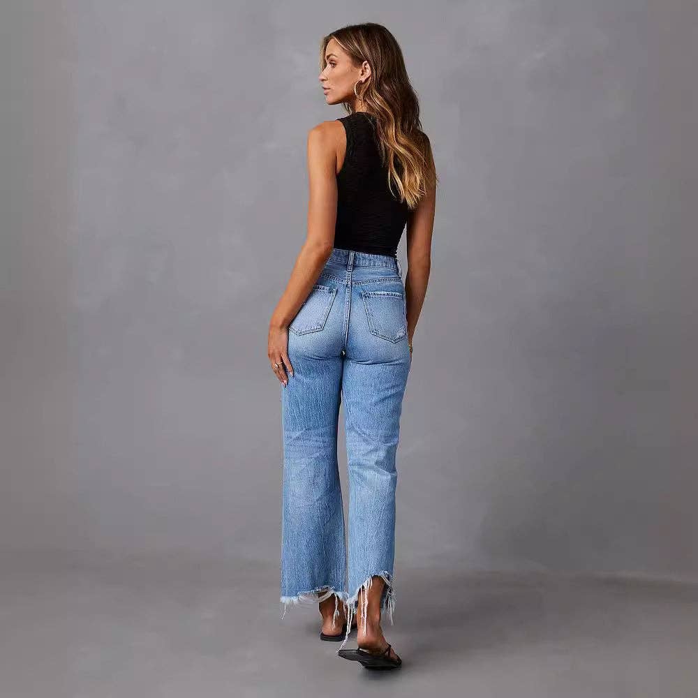 Modest Barbie High-Waisted Distressed Denim Wide Leg Pants