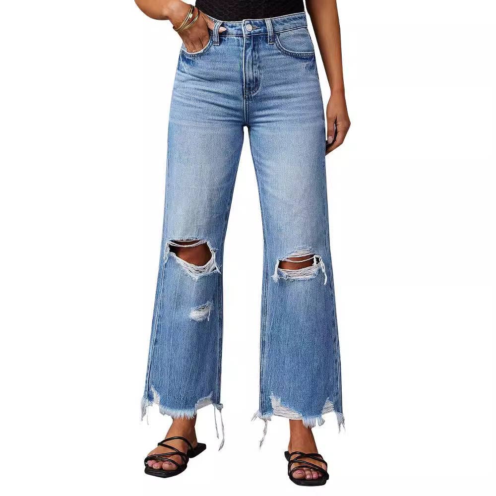 Modest Barbie High-Waisted Distressed Denim Wide Leg Pants