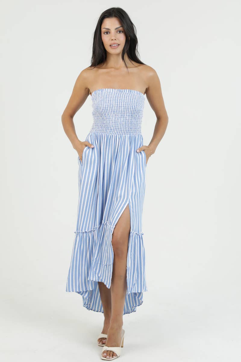 ANGIE STRIPED SMOCKED BODICE STRAPLESS MAXI DRESS