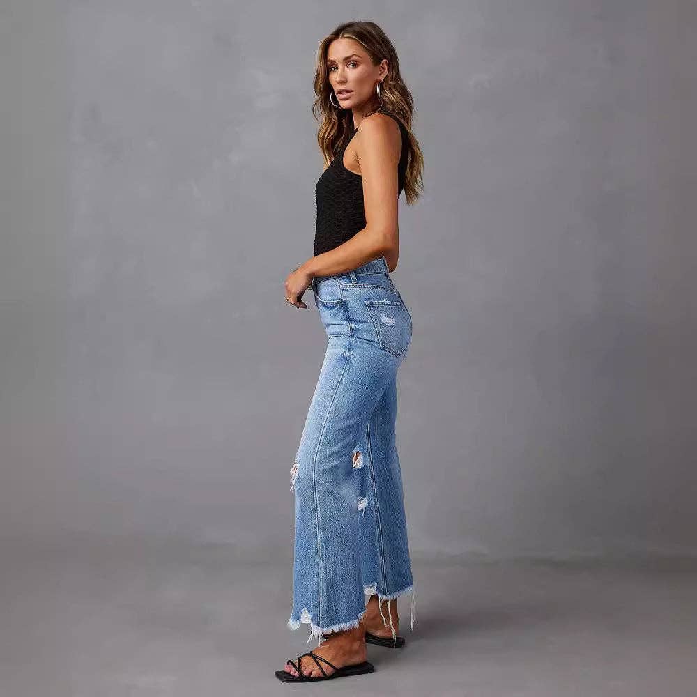 Modest Barbie High-Waisted Distressed Denim Wide Leg Pants