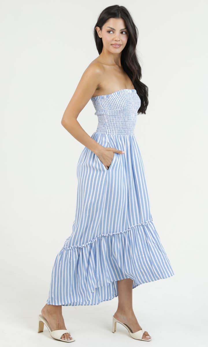 ANGIE STRIPED SMOCKED BODICE STRAPLESS MAXI DRESS