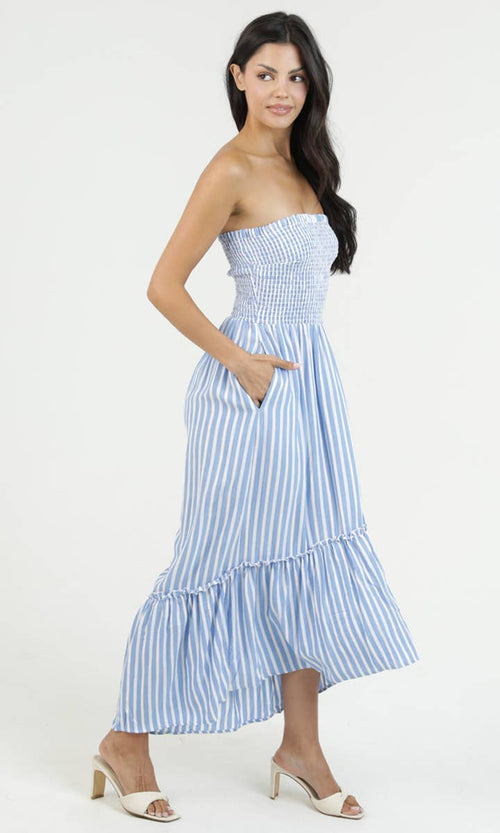 ANGIE STRIPED SMOCKED BODICE STRAPLESS MAXI DRESS