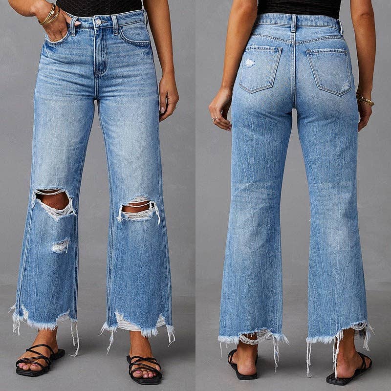Modest Barbie High-Waisted Distressed Denim Wide Leg Pants