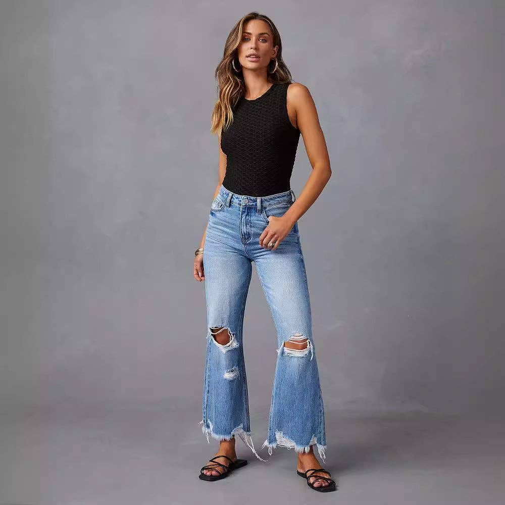 Modest Barbie High-Waisted Distressed Denim Wide Leg Pants